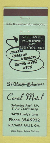 Matchbook Cover - Coral Motel Niagara Falls ON GREEN