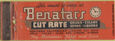 Matchbook Cover - Benatars Drugs San Francisco CA WEAR