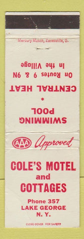 Matchbook Cover - Cole's Motel and Cottages Lake George NY WEAR