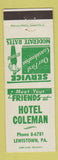 Matchbook Cover - Hotel Coleman Lewistown PA