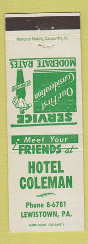Matchbook Cover - Hotel Coleman Lewistown PA