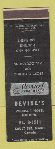 Matchbook Cover - Devine's Hotel Sault Ste Marie ON WEAR
