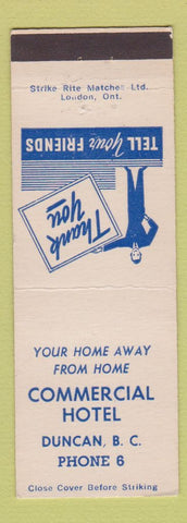 Matchbook Cover - Commercial Hotel Duncan BC low phone #