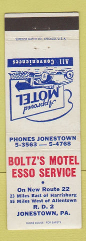 Matchbook Cover - Boltz's Motel Esso oil gas Jonestown PA