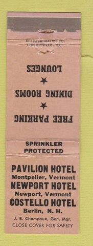 Matchbook Cover - Pavilion Hotel Montpelier VT Newport VT Berlin NH WEAR