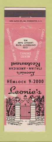 Matchbook Cover - Leonie's Italian Restaurant Langley Park MD WORN