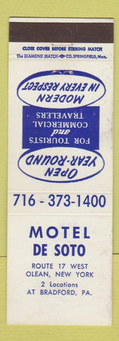 Matchbook Cover - Motel De Soto Olean NY Bradford PA