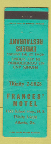 Matchbook Cover - Frances' Motel Atlanta GA Embers Restaurant