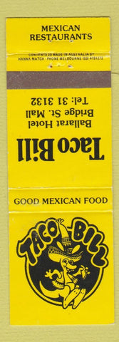 Matchbook Cover Taco Bill Mexican Restaurant Melbourne Hobart Ballarat Australia