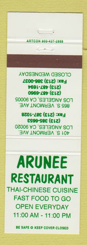 Matchbook Cover - Arunee Restaurant Thai Chinese Los Angeles CA