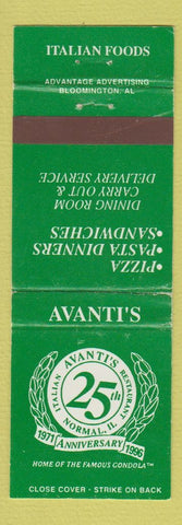 Matchbook Cover - Avanti's Italian Restaurant Normal IL 1996 WEAR pizza