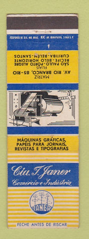 Matchbook Cover - Cia Janer Matriz Rio Branco Sao Paulo Brazil WEAR