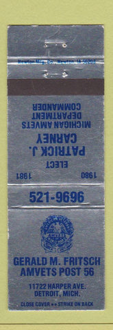 Matchbook Cover - Amvets Gerald Fritsch Post Detroit MI 1981