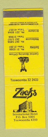 Matchbook Cover - Acks International Hotel Toowoomba Australia