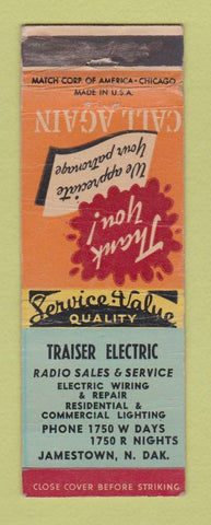 Matchbook Cover - Traiser Electric Jamestown ND WORN