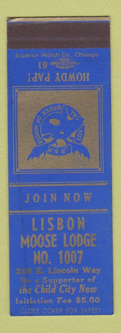 Matchbook Cover - Lisbon Moose Lodge OH SAMPLE WEAR