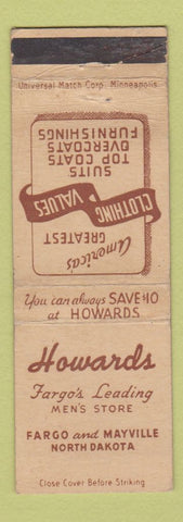Matchbook Cover - Howard's Men's Clothes Fargo Mayville ND WEAR