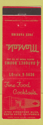 Matchbook Cover - Marsals Restaurant South Gate CA