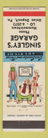 Matchbook Cover - Singley's Garage Union Deposit PA hillbilly WORN BACK