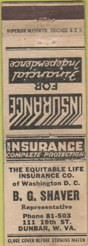 Matchbook Cover - BG Shavern Insurance Dunbar WV WORN