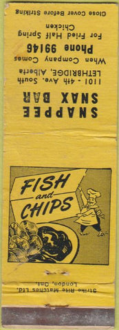 Matchbook Cover - Snappee Snax Bar Fish Chips Lethbridge AB WORN