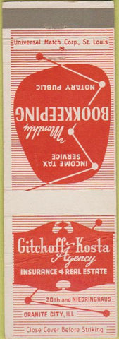 Matchbook Cover - Gitchoff Kosta real estate insurance Granite City IL CREASE