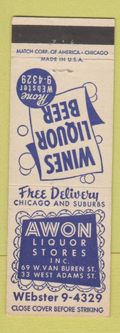 Matchbook Cover - Awon Liquor Stores Chicago IL Awon Whiskey