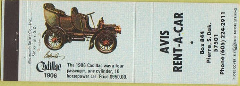 Matchbook Cover - Avis Rent A Car Pierre SD