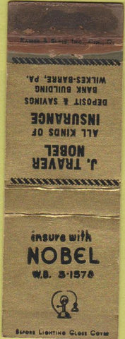 Matchbook Cover - Traver Nobel Insurance Wilkes Barre PA WORN