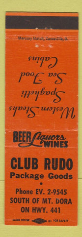 Matchbook Cover - Club Rudo Restaurant Mount Dora FL ORANGE