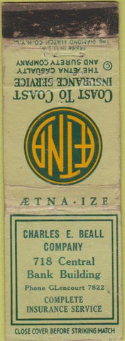 Matchbook Cover - AETNA Insurance Charles Beall POOR