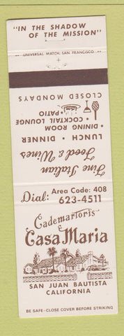 Matchbook Cover - Cademartoris Casa Maria San Juan Bautista CA