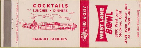 Matchbook Cover - West Lane Bowling Stockton CA