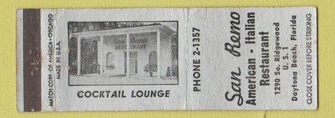 Matchbook Cover - San Remo American Italian Restaurant Daytona Beach FL