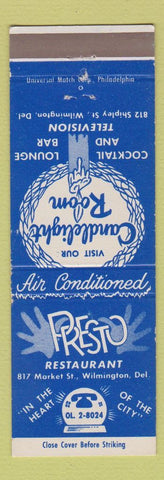 Matchbook Cover - Presto Restaurant Wilmington DE Candlelight Room