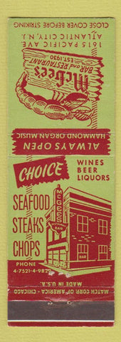 Matchbook Cover - McGee's Bar Restaurant Atlantic City NJ