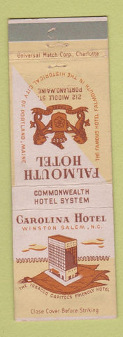 Matchbook Cover - Carolina Hotel Winston Salem NC Falmouth Hotel Portland ME