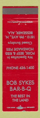 Matchbook Cover - Bob Sykes BBQ Bessemer AL