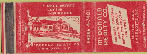 Matchbook Cover - McDonald Realty Charlotte NC WORN