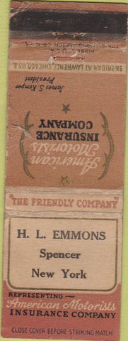 Matchbook Cover - American Motorists Insurance Spencer NY POOR