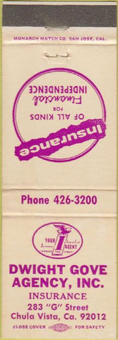 Matchbook Cover - Dwight Gove Insurance Chula Vista CA