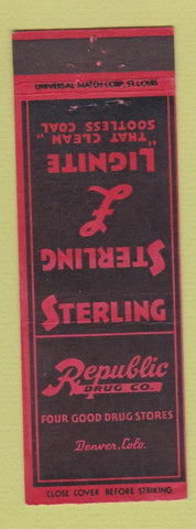 Matchbook Cover - Republic Drug Denver Colorado Sterling Lignite Coal