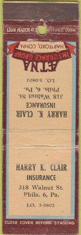 Matchbook Cover - Harry Clair Insurance Philadelphia PA AETNA WEAR