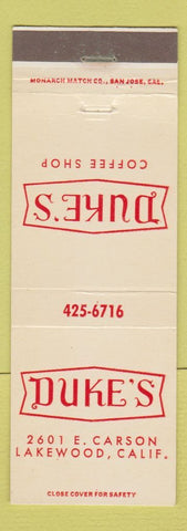Matchbook Cover - Duke's Coffee Shop Lakewood CA