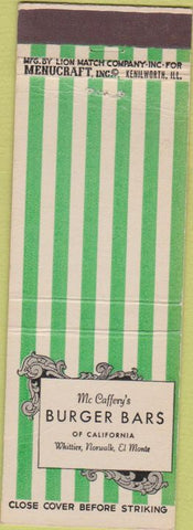 Matchbook Cover - McCaffery's Hamburgers Whittier Norwalk El Monte CA