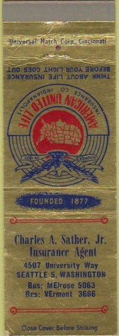 Matchbook Cover - American United Life Insurance Seattle WA