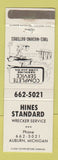 Matchbook Cover - Hines Standard oil gas Wrecker Service Auburn MI