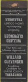 Matchbook Cover - Willard Clevenger Republican Election Treasurer WORN