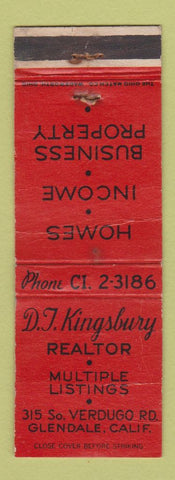 Matchbook Cover - DJ Kingsbury Real Estate Glendale CA WORN