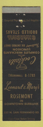 Matchbook Cover - Leonard & Mary's Rosemont Burbank CA restaurant